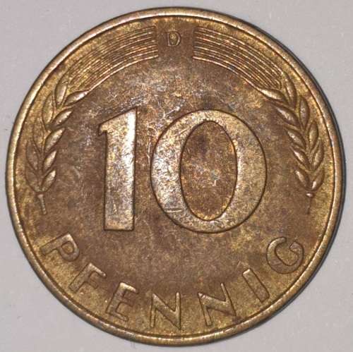 1950 D - 10 PFENNIG - TEN PFENNIG - GERMANY - FEDERAL REPUBLIC - (Brass Clad Steel) KM# 108